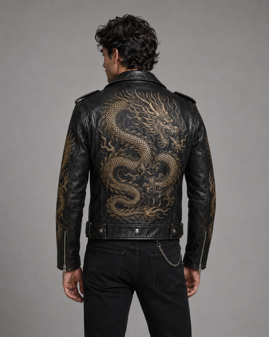 Printed Dragon Leather Jacket Men | Japanese Dragon