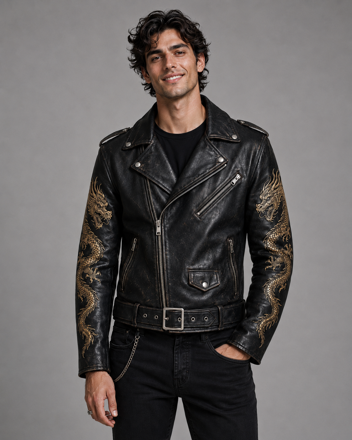Printed Dragon Leather Jacket Men | Japanese Dragon