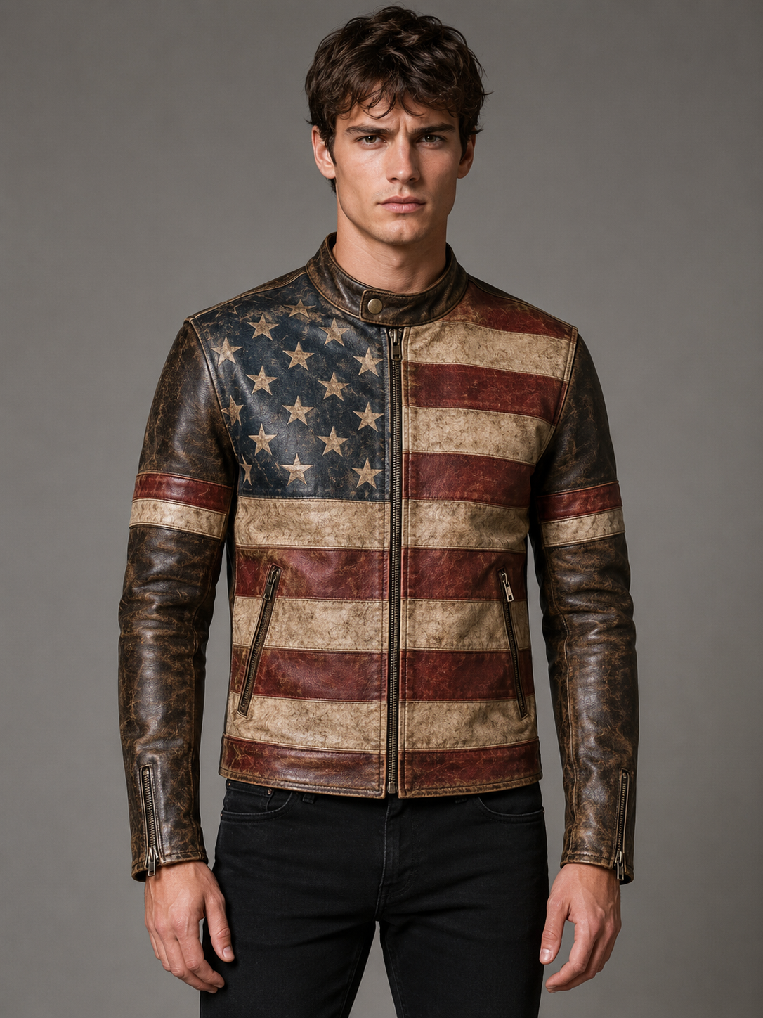 Printed Men's American Flag Leather Jacket