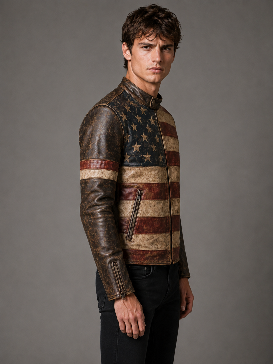 Printed Men's American Flag Leather Jacket