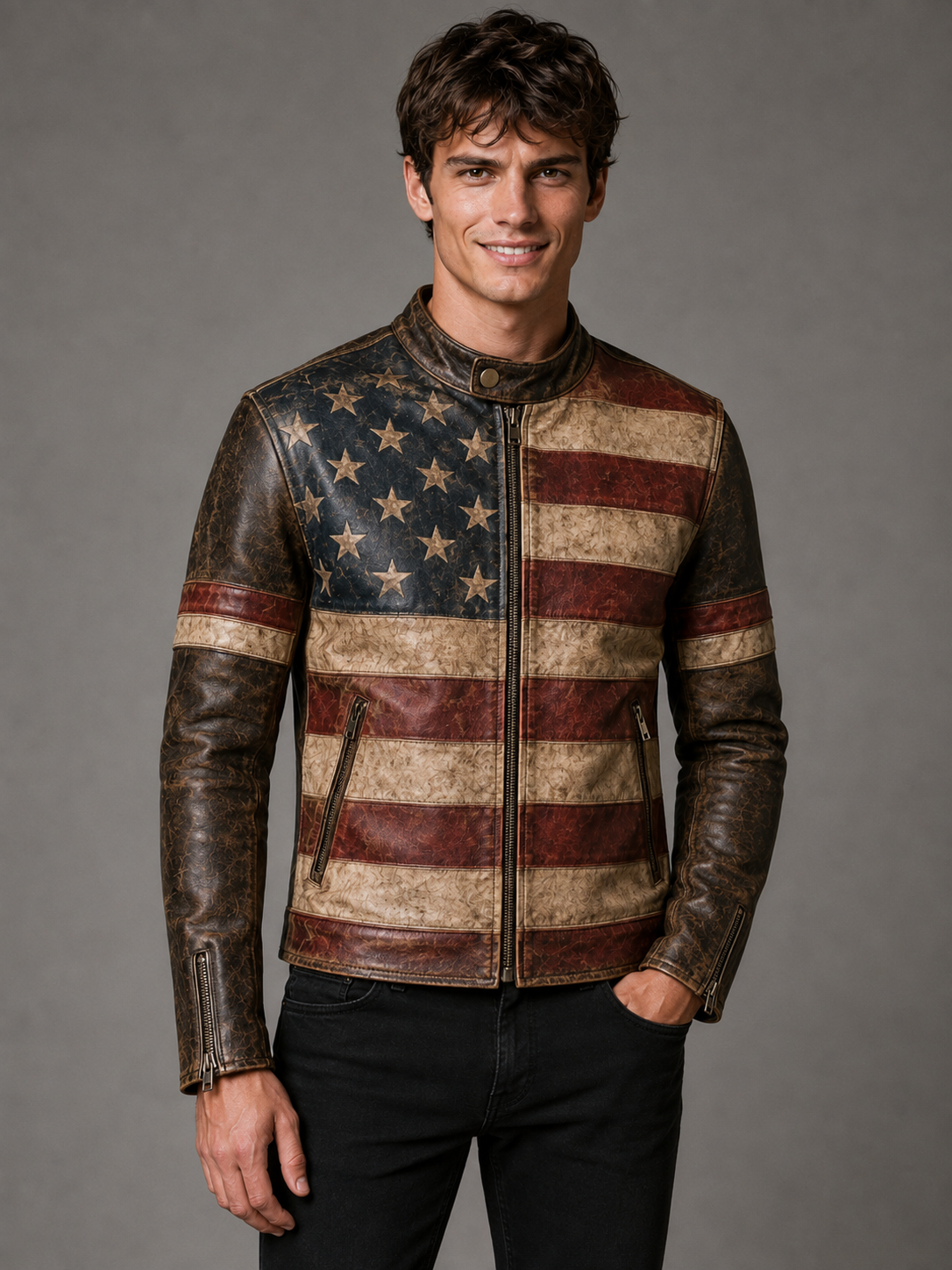 Printed Men's American Flag Leather Jacket