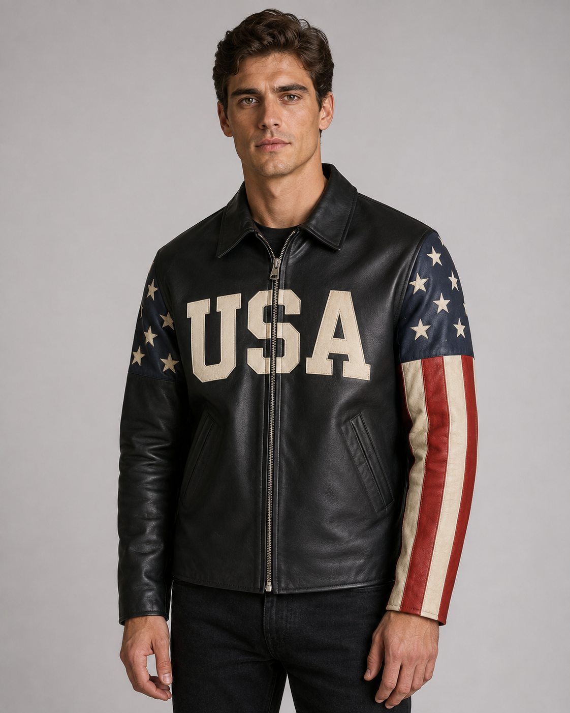 Printed American Flag Leather Motorcycle Jacket