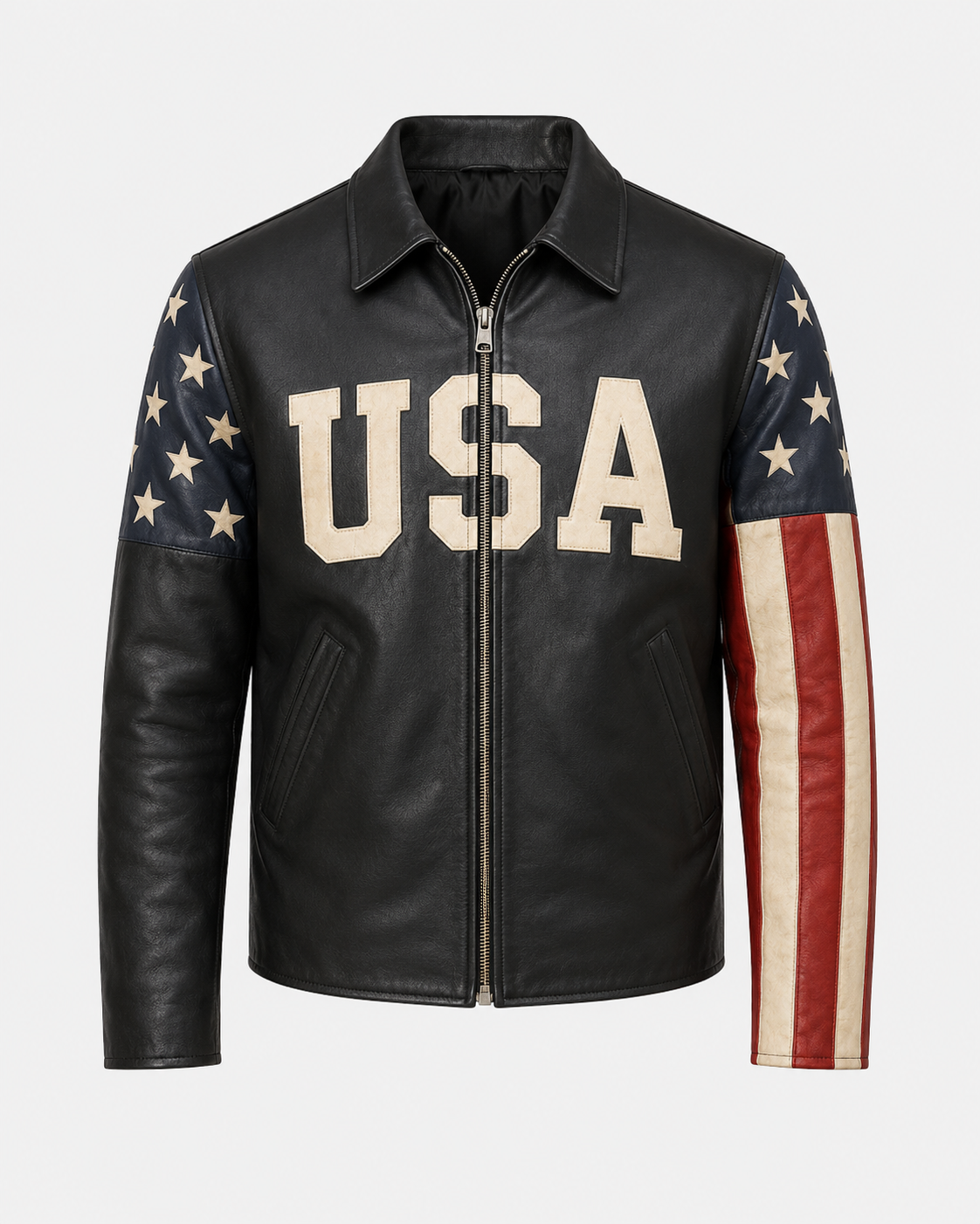 Printed American Flag Leather Motorcycle Jacket