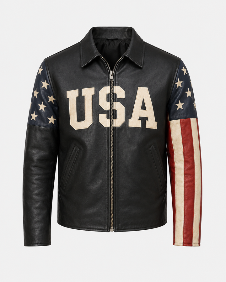 Printed American Flag Leather Motorcycle Jacket