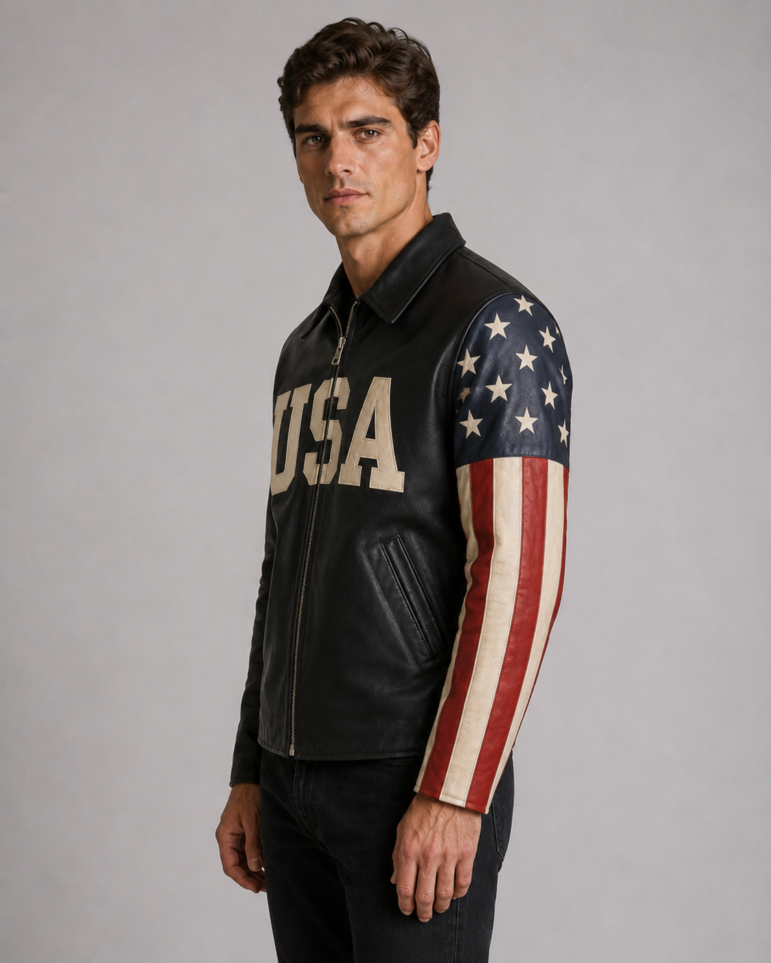Printed American Flag Leather Motorcycle Jacket
