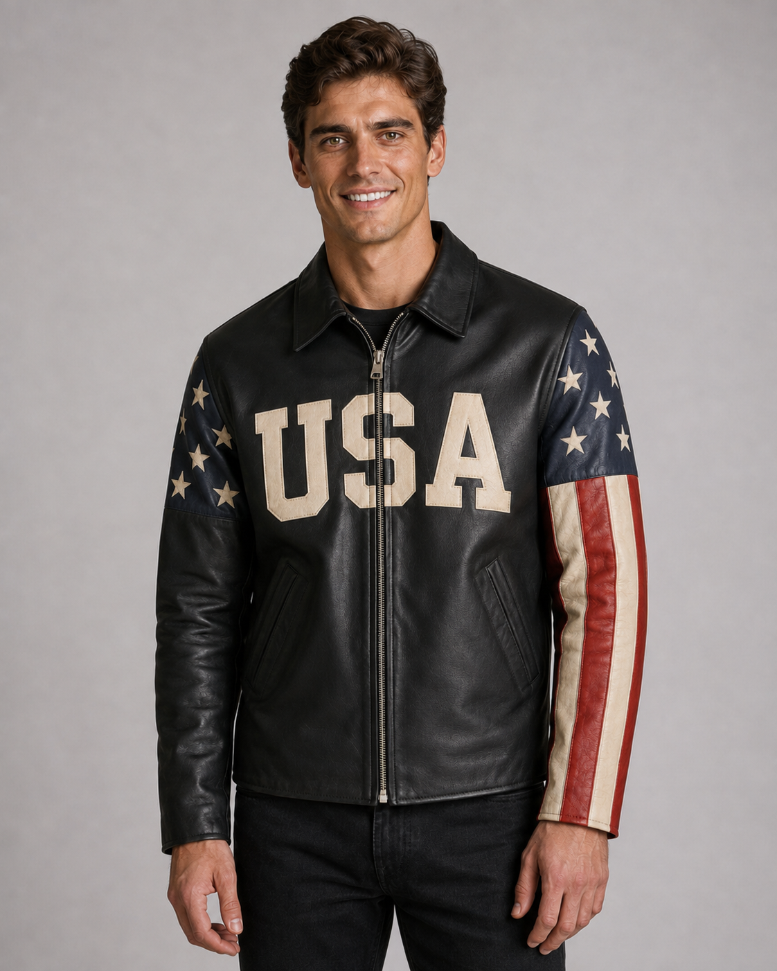 Printed American Flag Leather Motorcycle Jacket