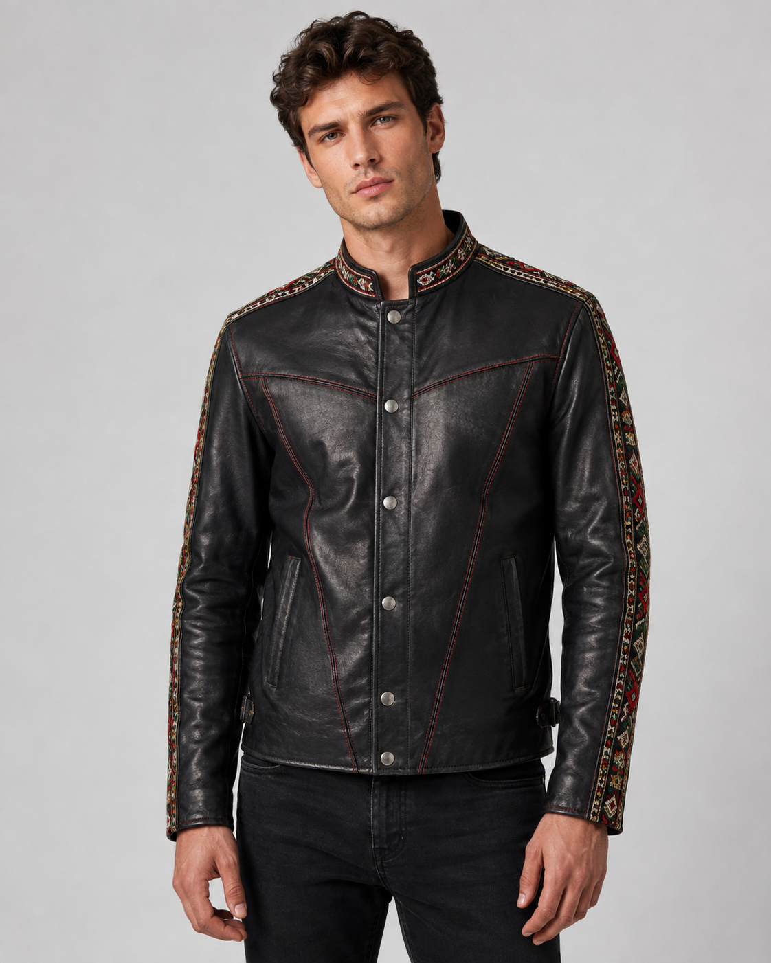 Printed Multicolor Embroidered Leather Jacket