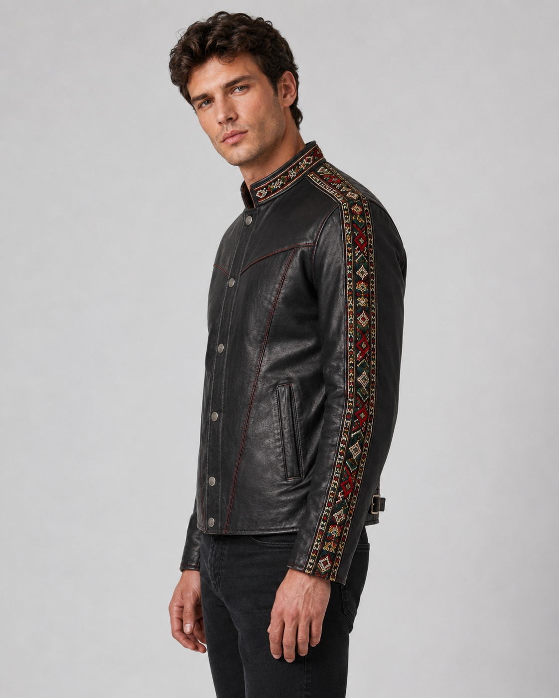 Printed Multicolor Embroidered Leather Jacket