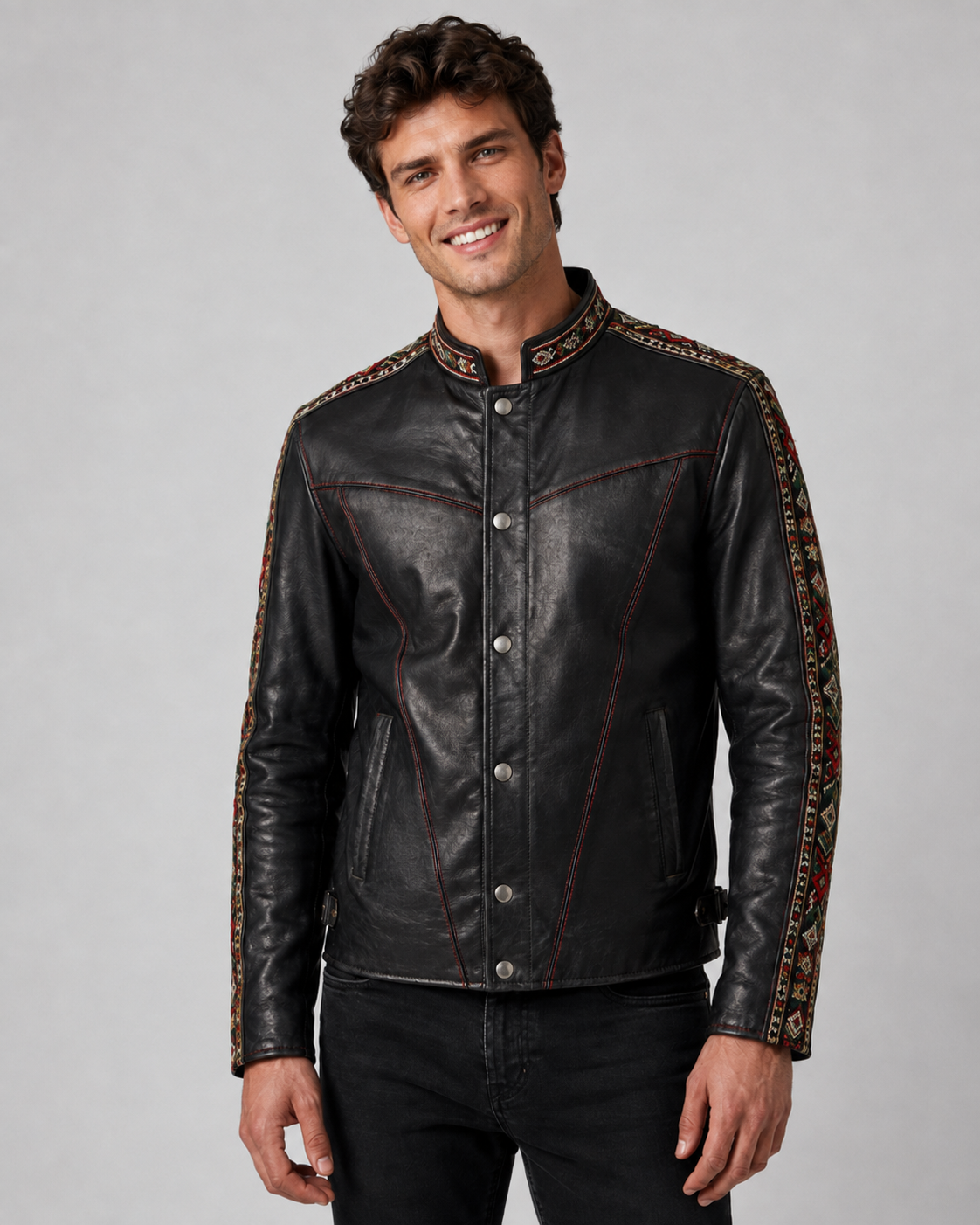 Printed Multicolor Embroidered Leather Jacket