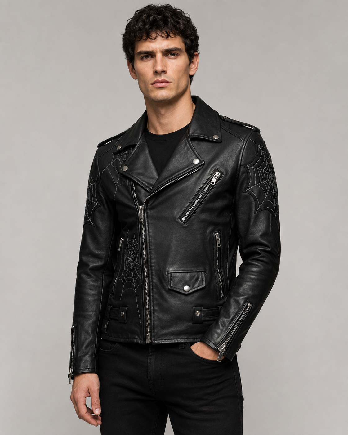 Printed Black Leather Spiderweb Biker Jacket