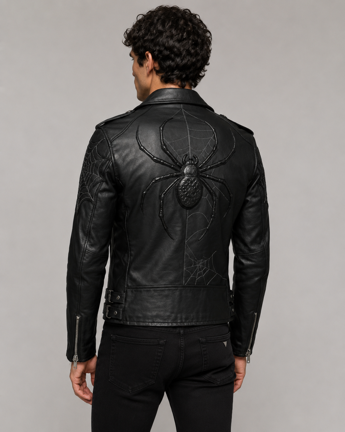 Printed Black Leather Spiderweb Biker Jacket