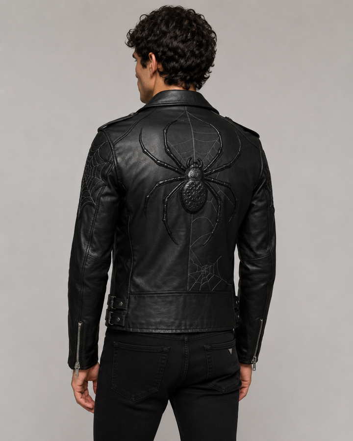 Printed Black Leather Spiderweb Biker Jacket