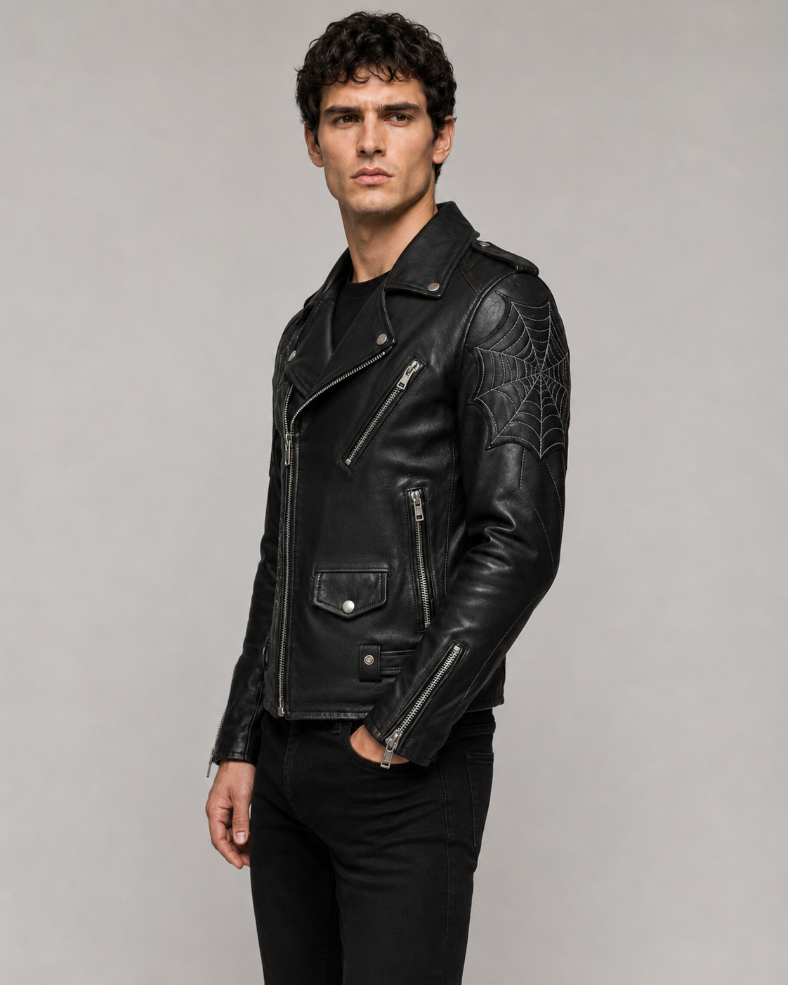 Printed Black Leather Spiderweb Biker Jacket