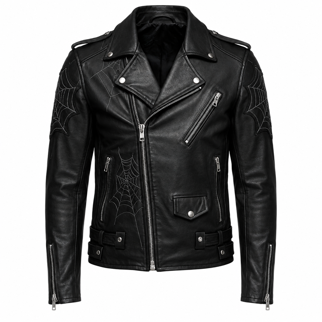 Printed Black Leather Spiderweb Biker Jacket
