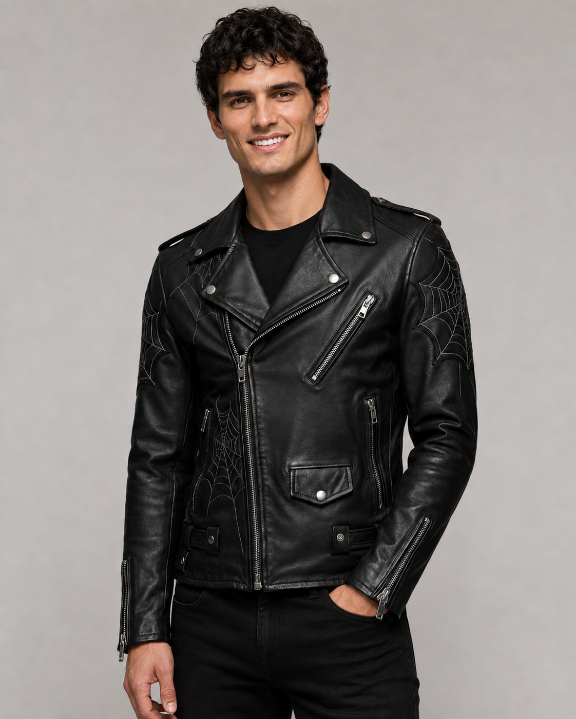 Printed Black Leather Spiderweb Biker Jacket
