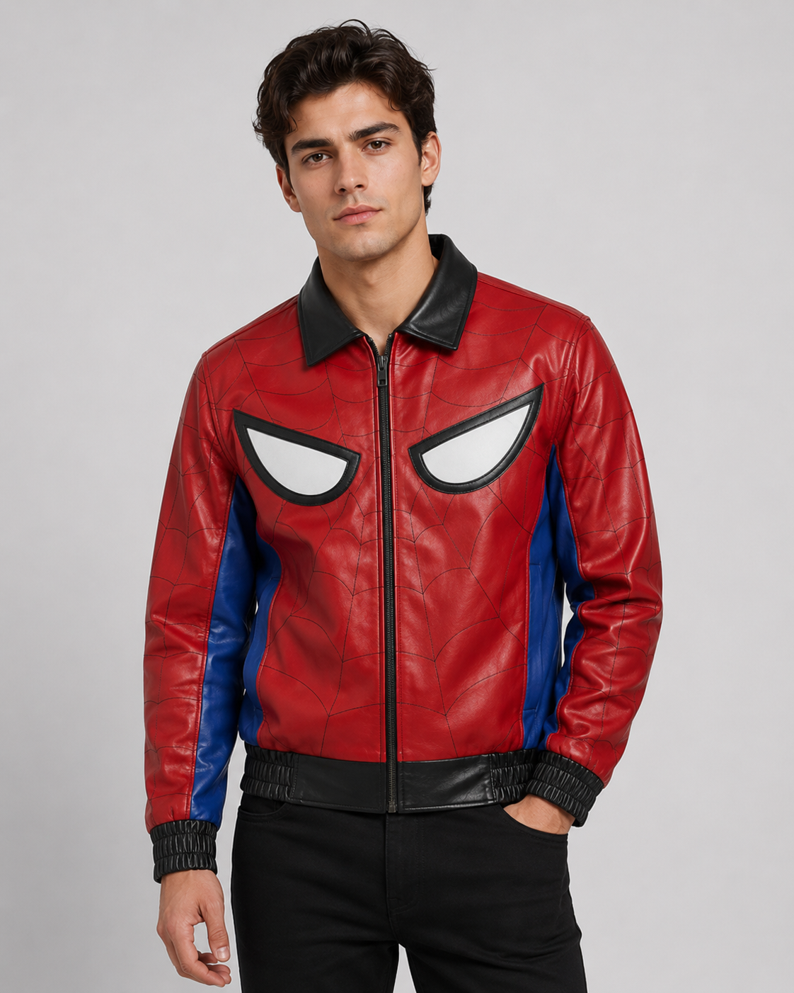 Printed Spider-Man Red & Blue Leather Jacket