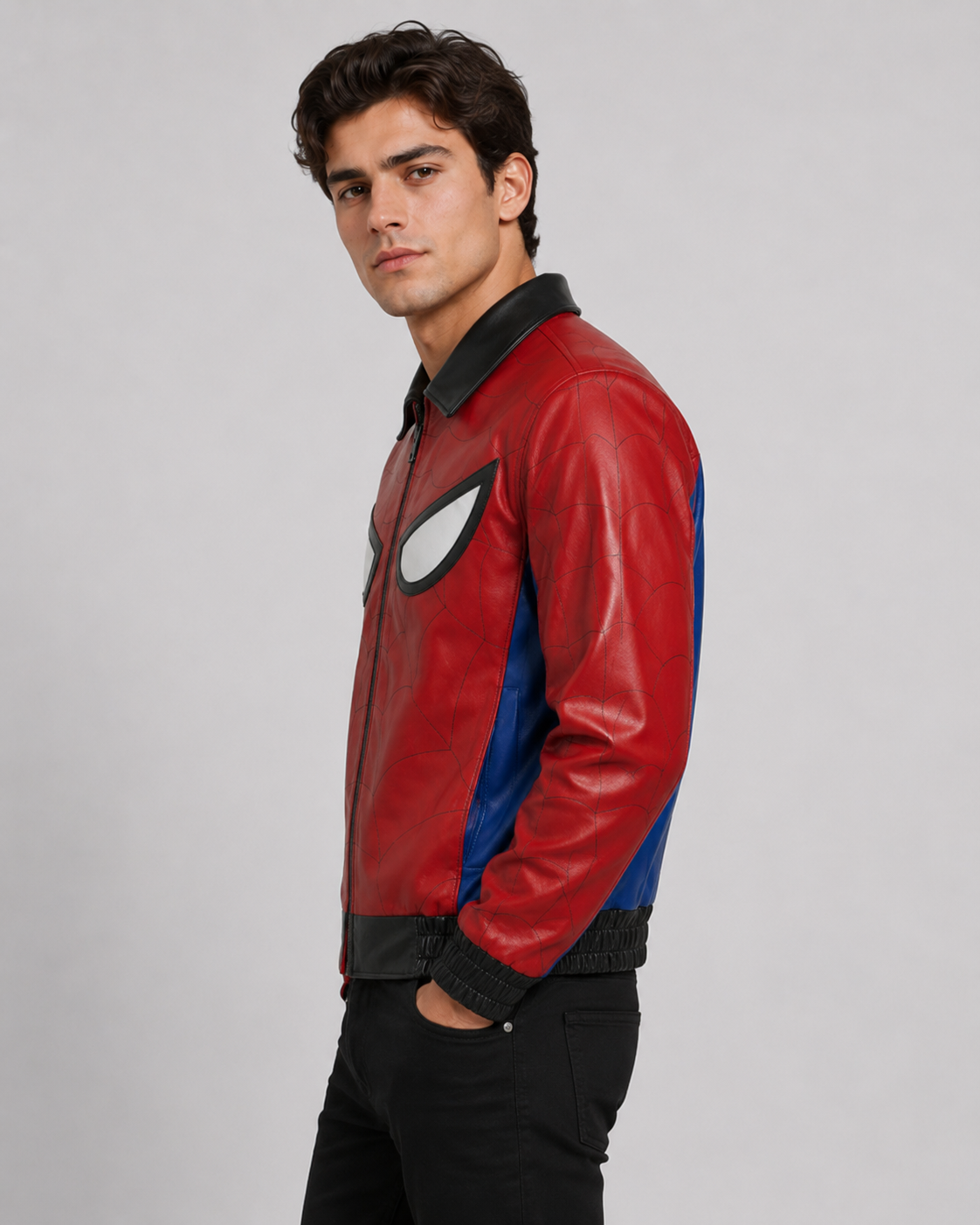 Printed Spider-Man Red & Blue Leather Jacket