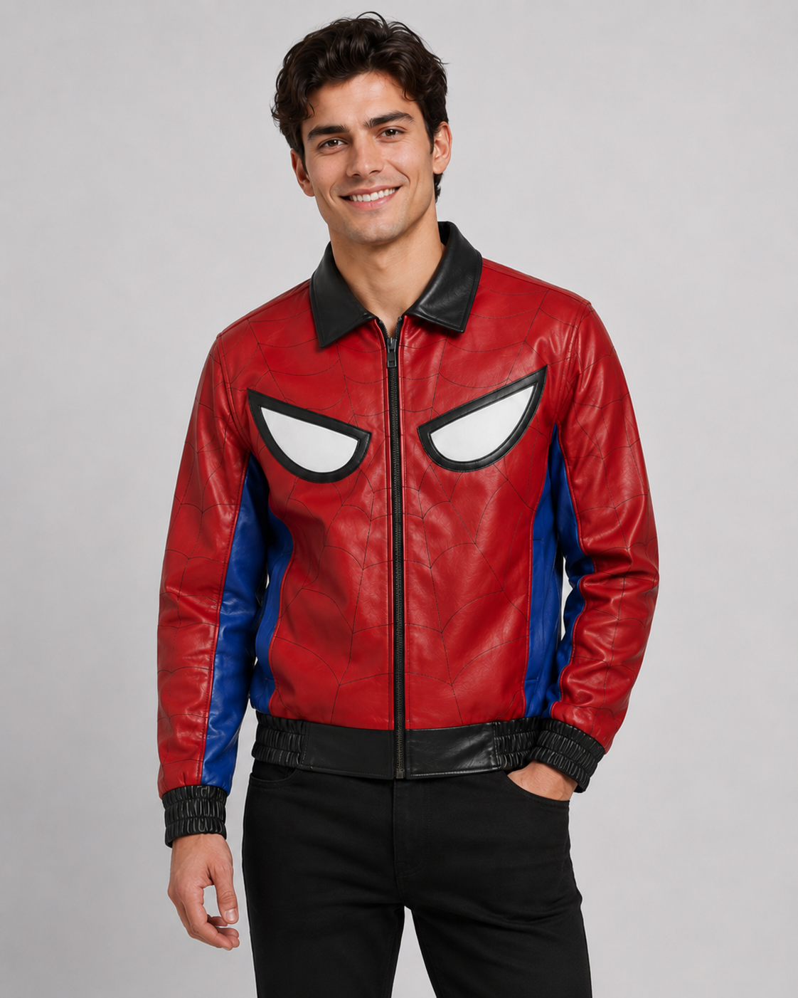 Printed Spider-Man Red & Blue Leather Jacket