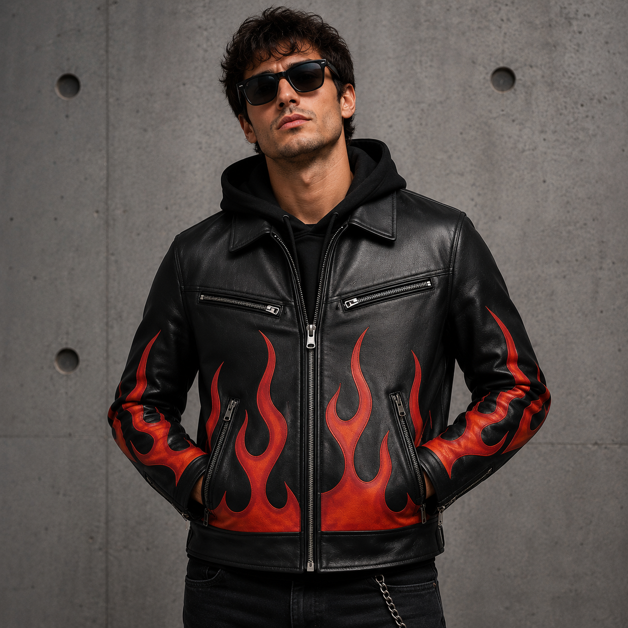 Men's Genuine Leather Printed Flame Jacket