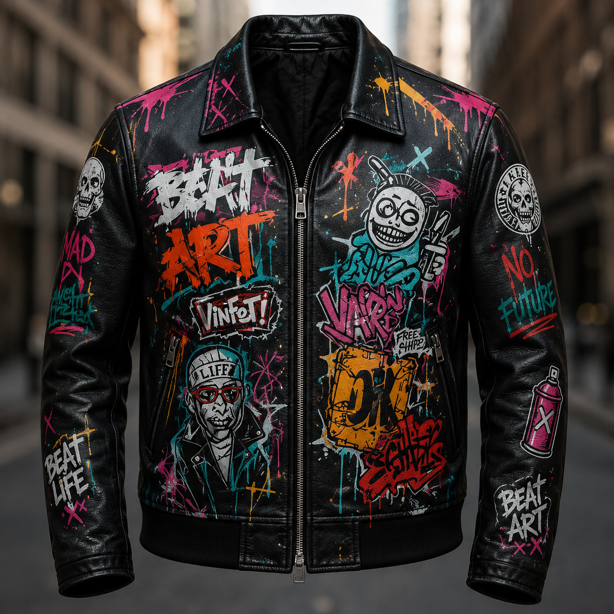 Custom Printed Leather Jacket — Typography & Graffiti Artwork | Hand-Paint + Digital Print Fusion | Personalized Streetwear