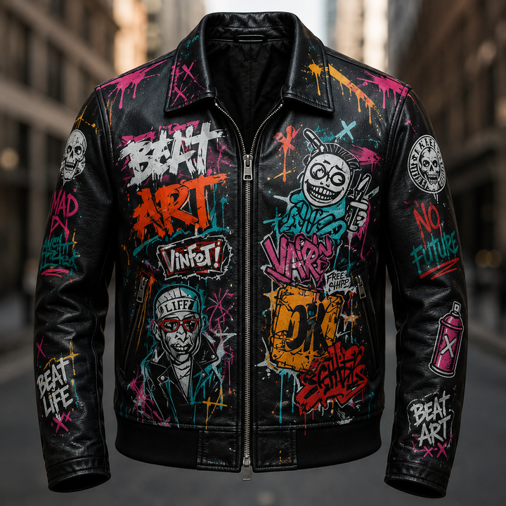Custom Printed Leather Jacket — Typography & Graffiti Artwork | Hand-Paint + Digital Print Fusion | Personalized Streetwear