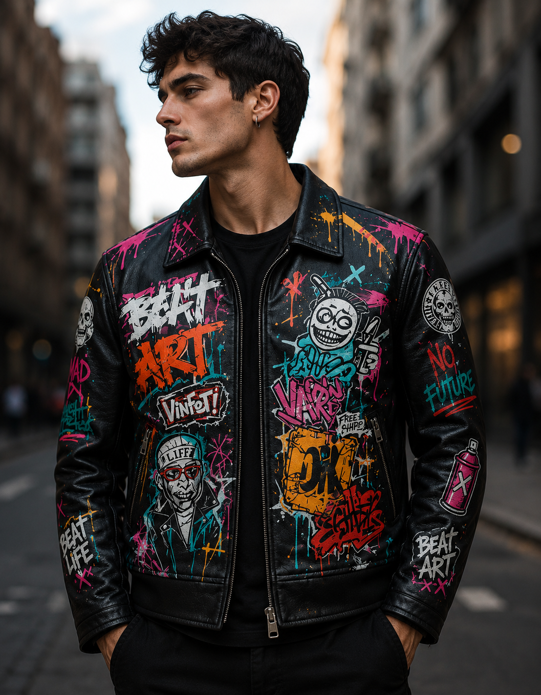 Custom Printed Leather Jacket — Typography & Graffiti Artwork | Hand-Paint + Digital Print Fusion | Personalized Streetwear