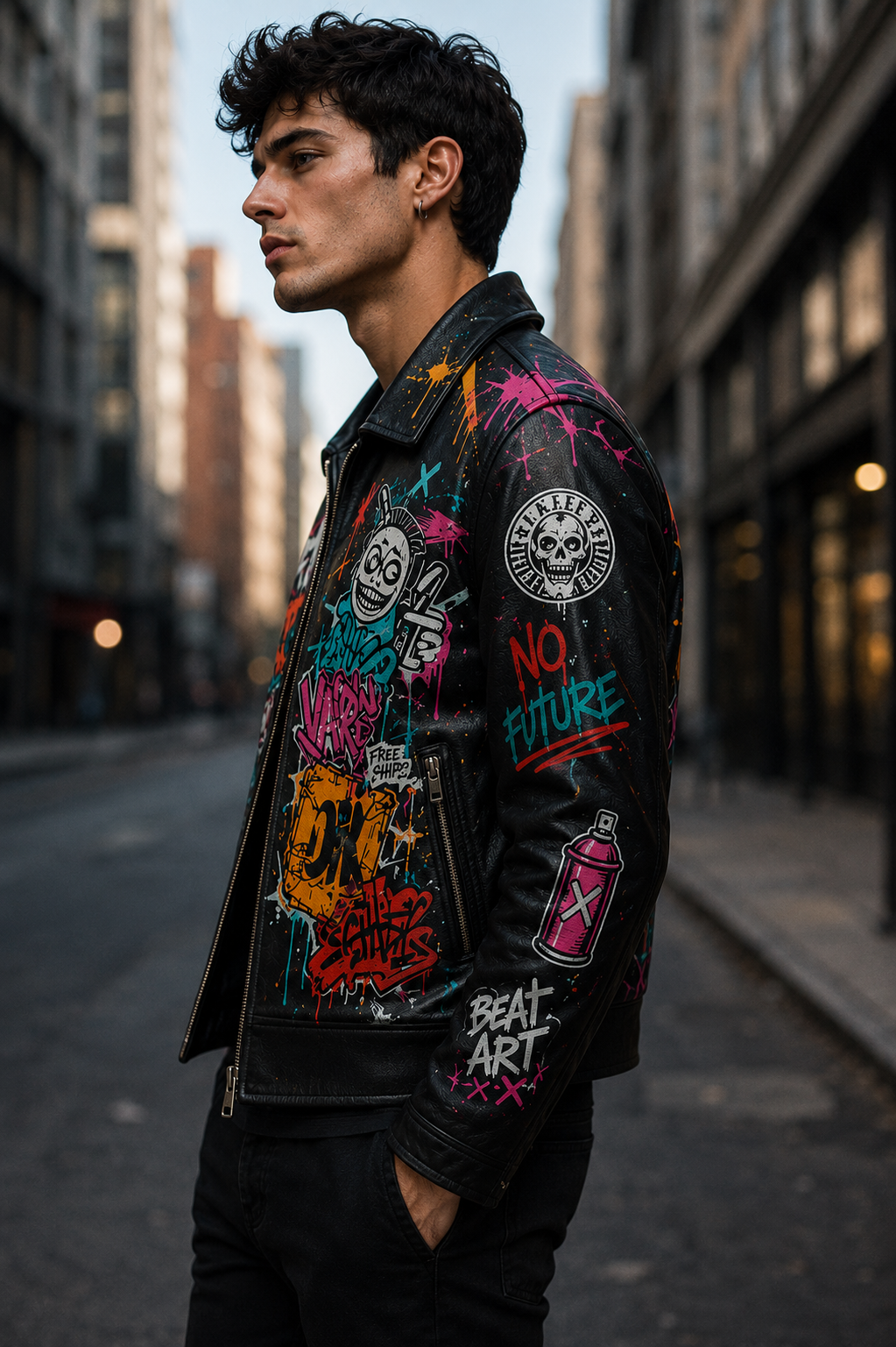 Custom Printed Leather Jacket — Typography & Graffiti Artwork | Hand-Paint + Digital Print Fusion | Personalized Streetwear