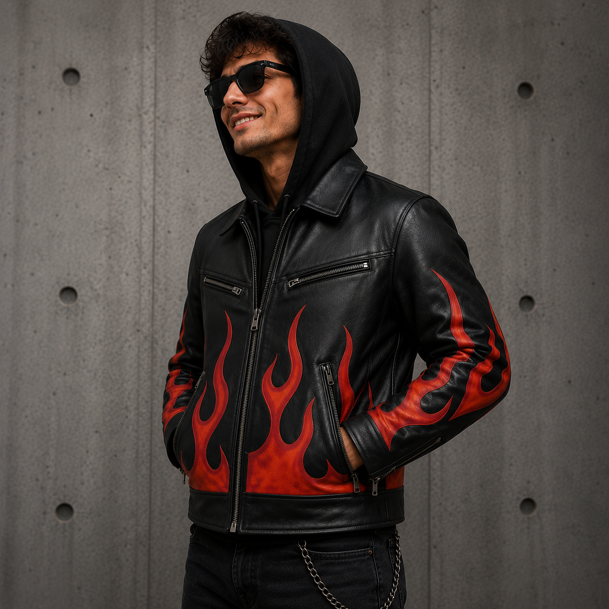 Men's Genuine Leather Printed Flame Jacket
