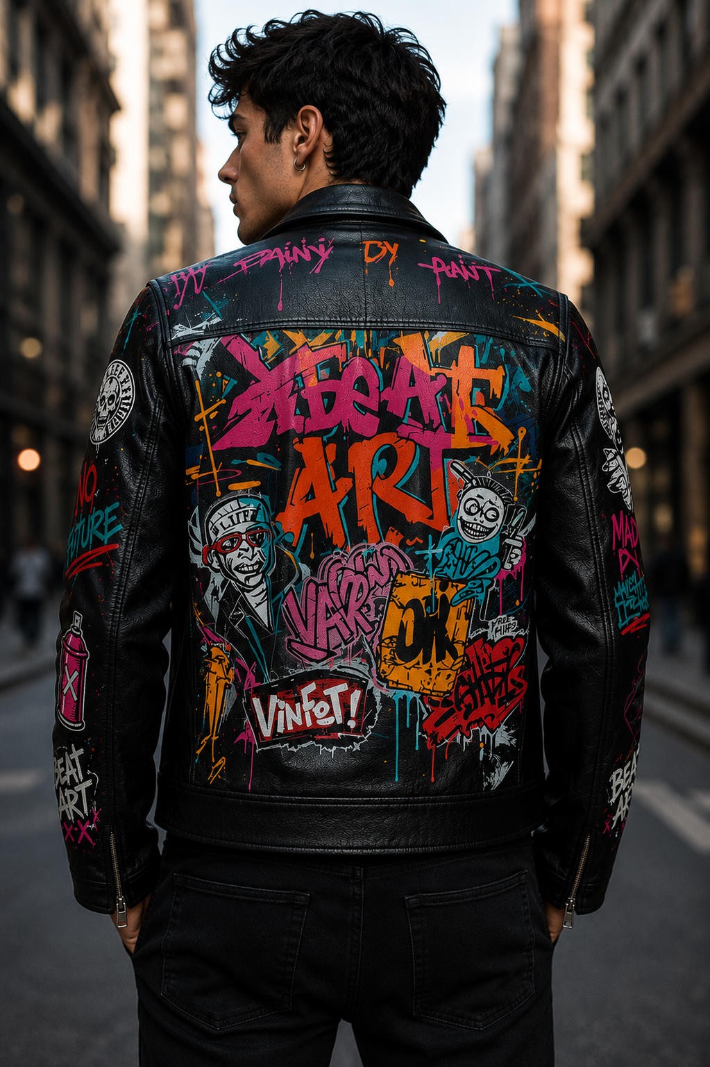 Custom Printed Leather Jacket — Typography & Graffiti Artwork | Hand-Paint + Digital Print Fusion | Personalized Streetwear