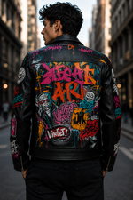 Custom Printed Leather Jacket — Typography & Graffiti Artwork | Hand-Paint + Digital Print Fusion | Personalized Streetwear