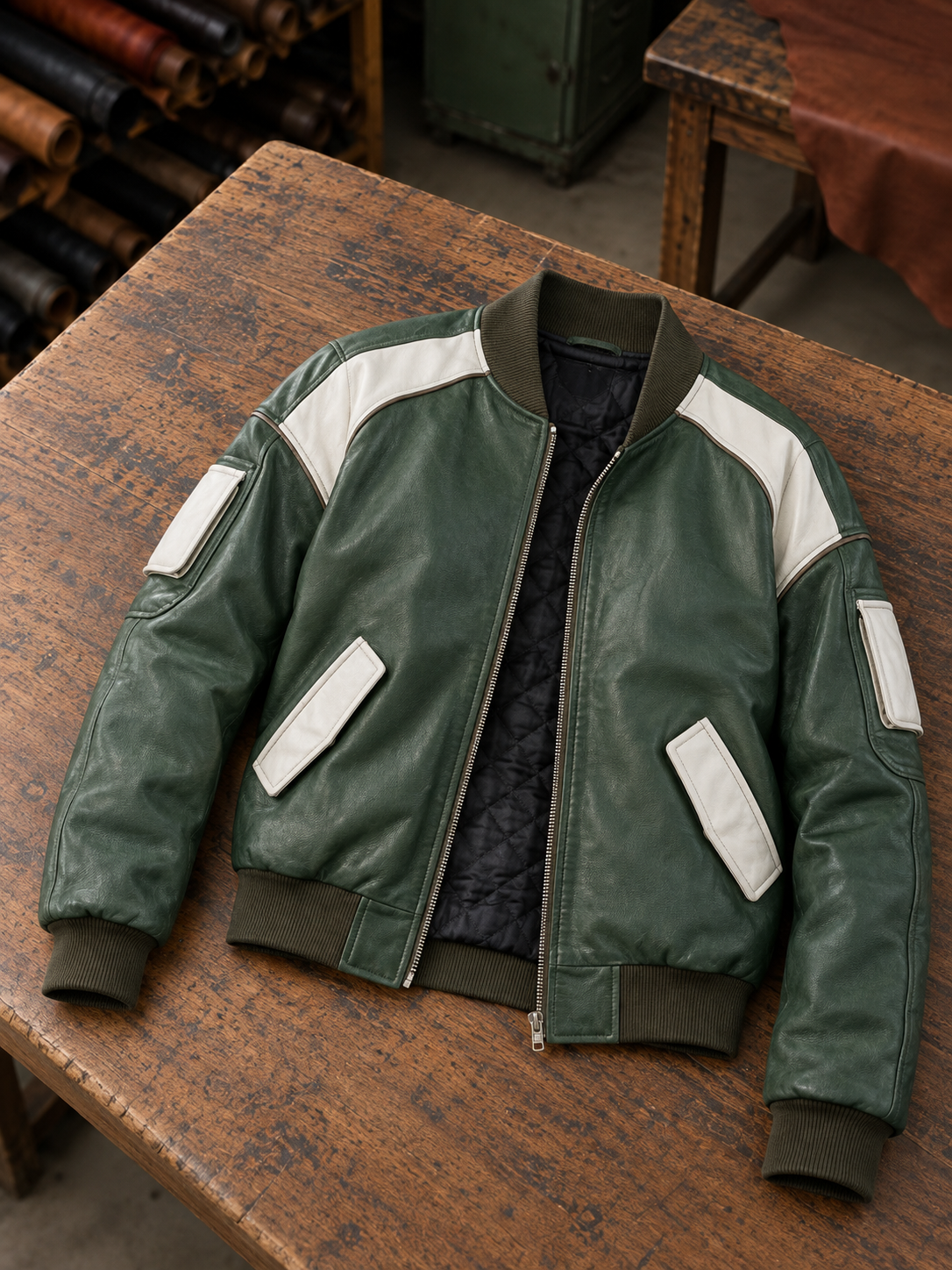 Melinda Green Bomber Leather Jacket For Women