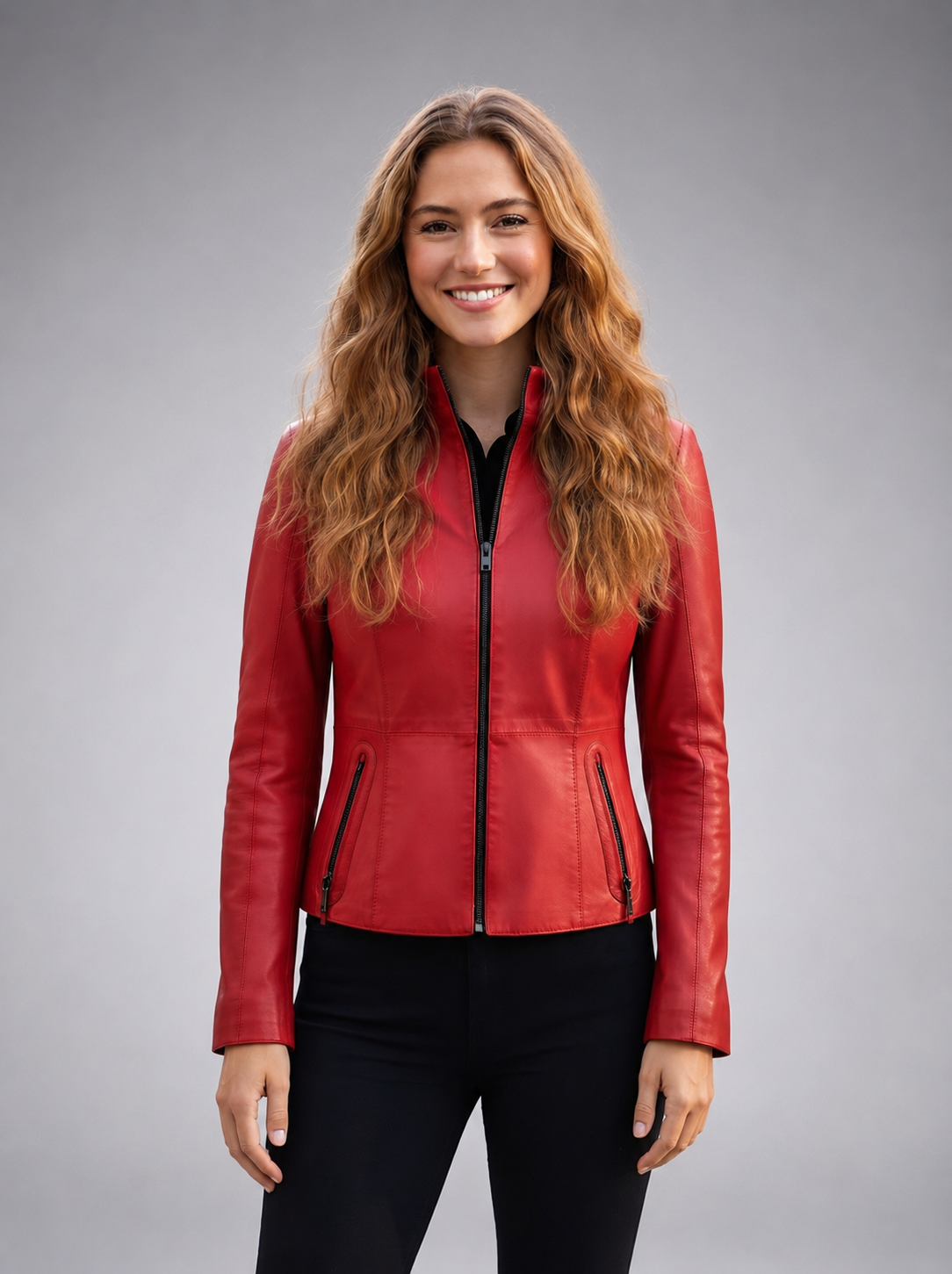 Cherry Red Leather Jacket For Women