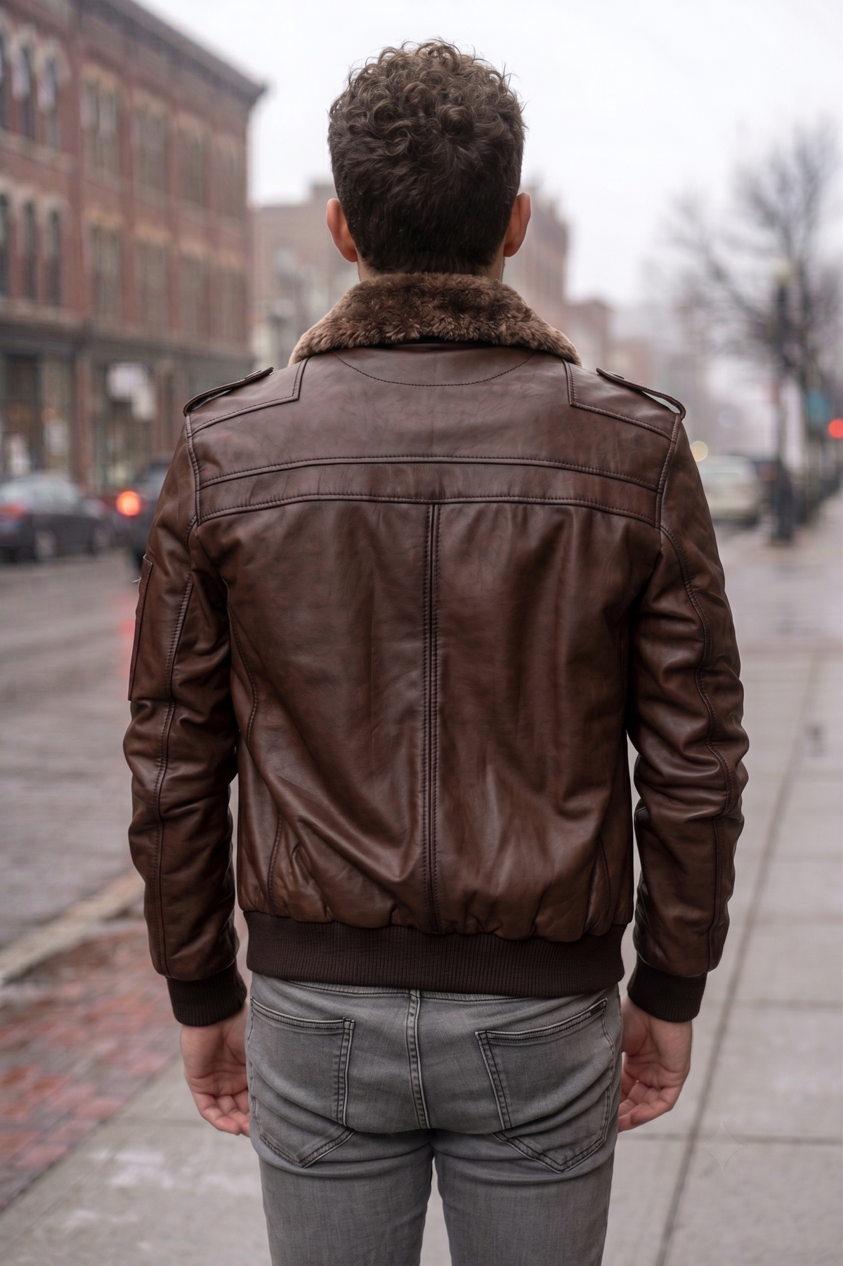 Christian Men Brown Fur Collar Leather Jacket