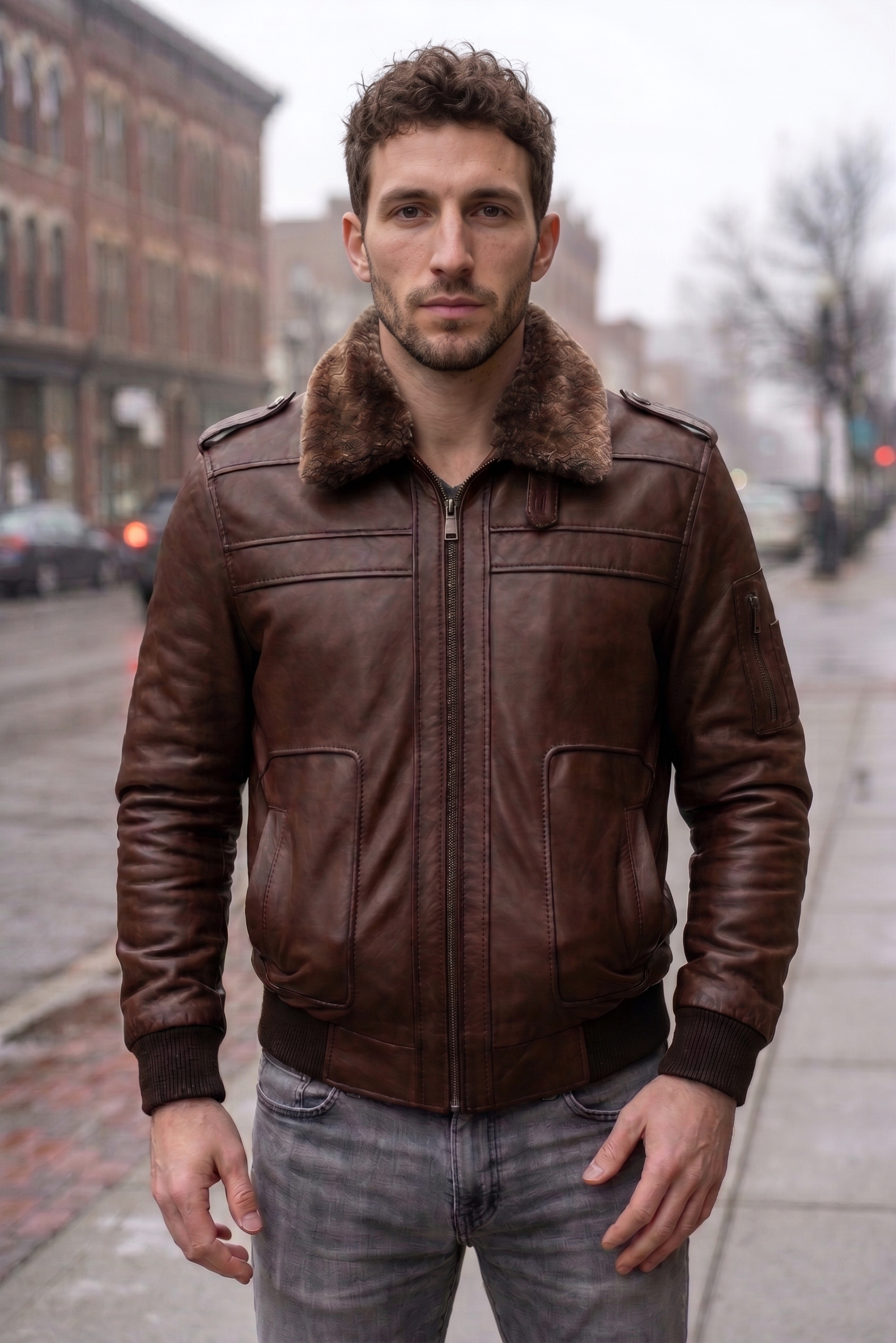 Christian Men Brown Fur Collar Leather Jacket