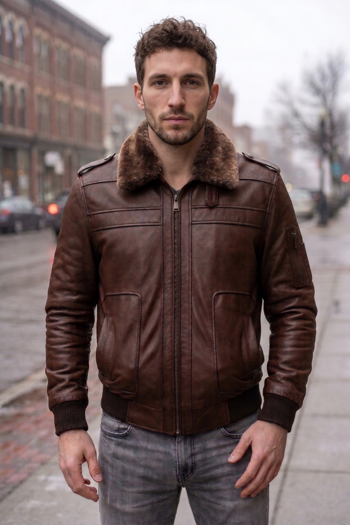 Christian Men Brown Fur Collar Leather Jacket