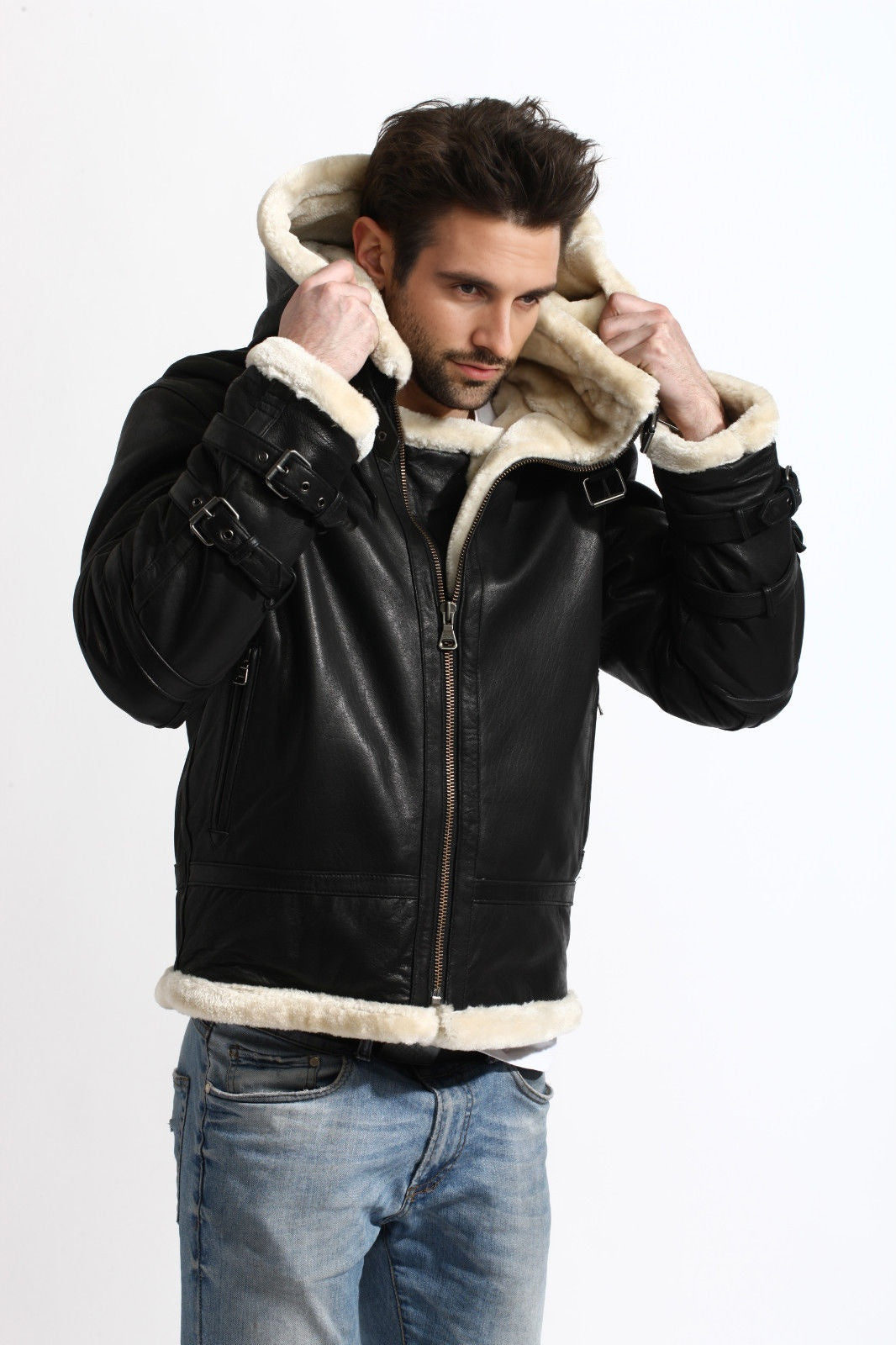 Tom B3 Fur Distressed Men Black Leather Jacket