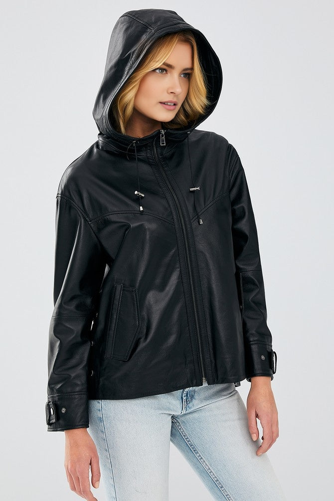 Martha Black Hooded Leather Jacket For Women