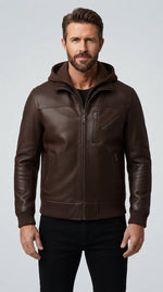 Classic Brown Leather Hoodie Jacket for Men