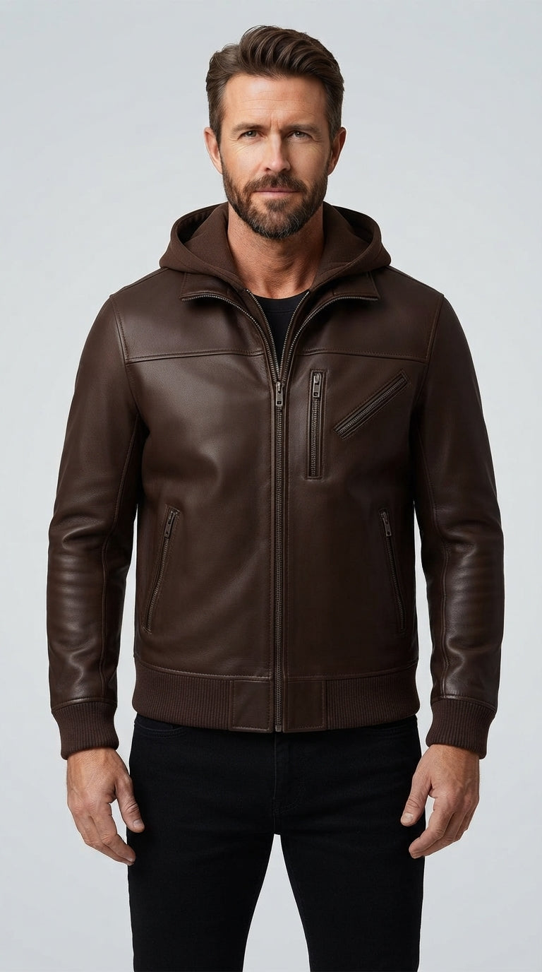 Classic Brown Leather Hoodie Jacket for Men