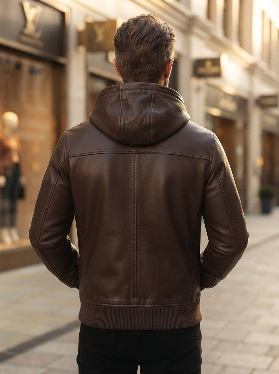 Classic Brown Leather Hoodie Jacket for Men