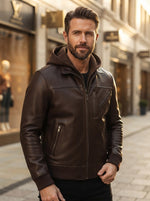 Classic Brown Leather Hoodie Jacket for Men