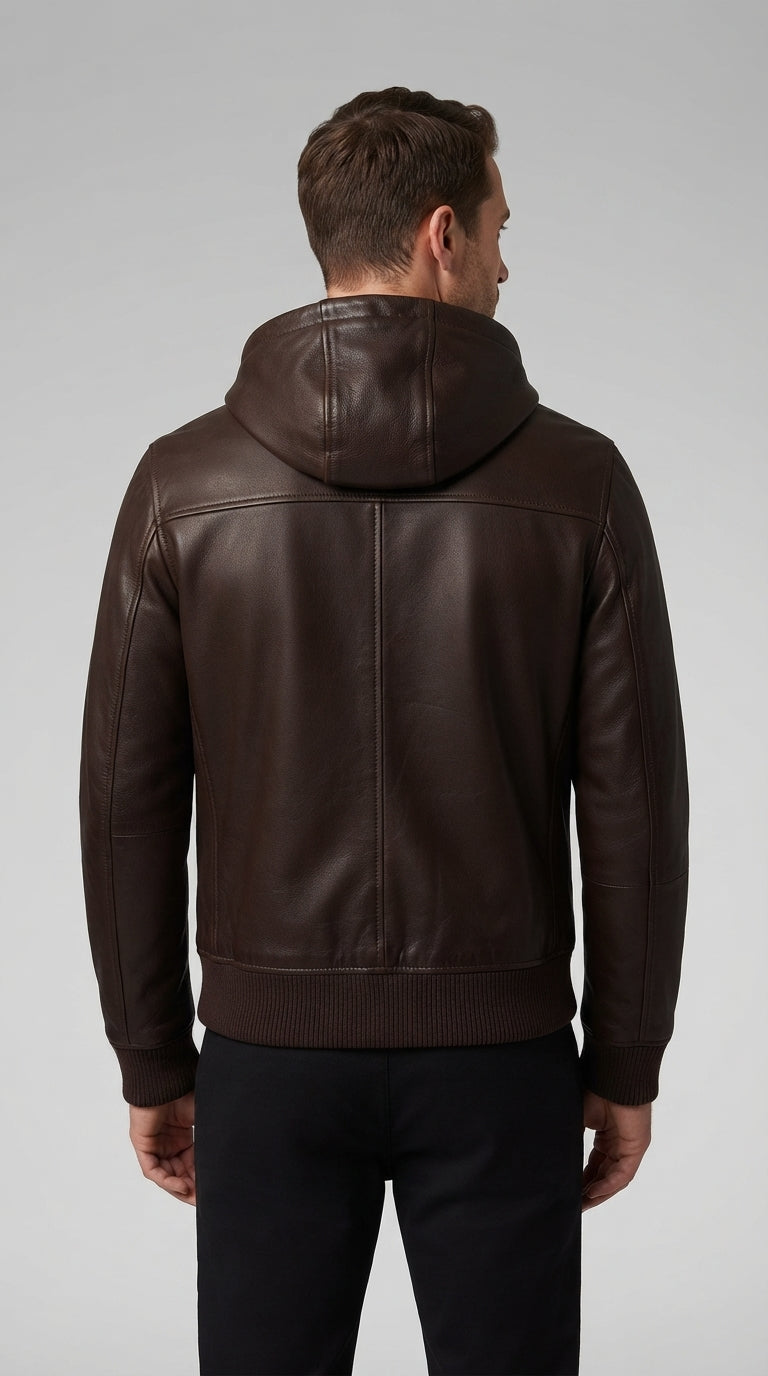 Classic Brown Leather Hoodie Jacket for Men