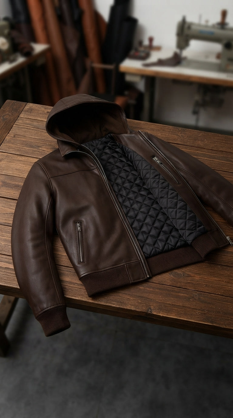 Classic Brown Leather Hoodie Jacket for Men