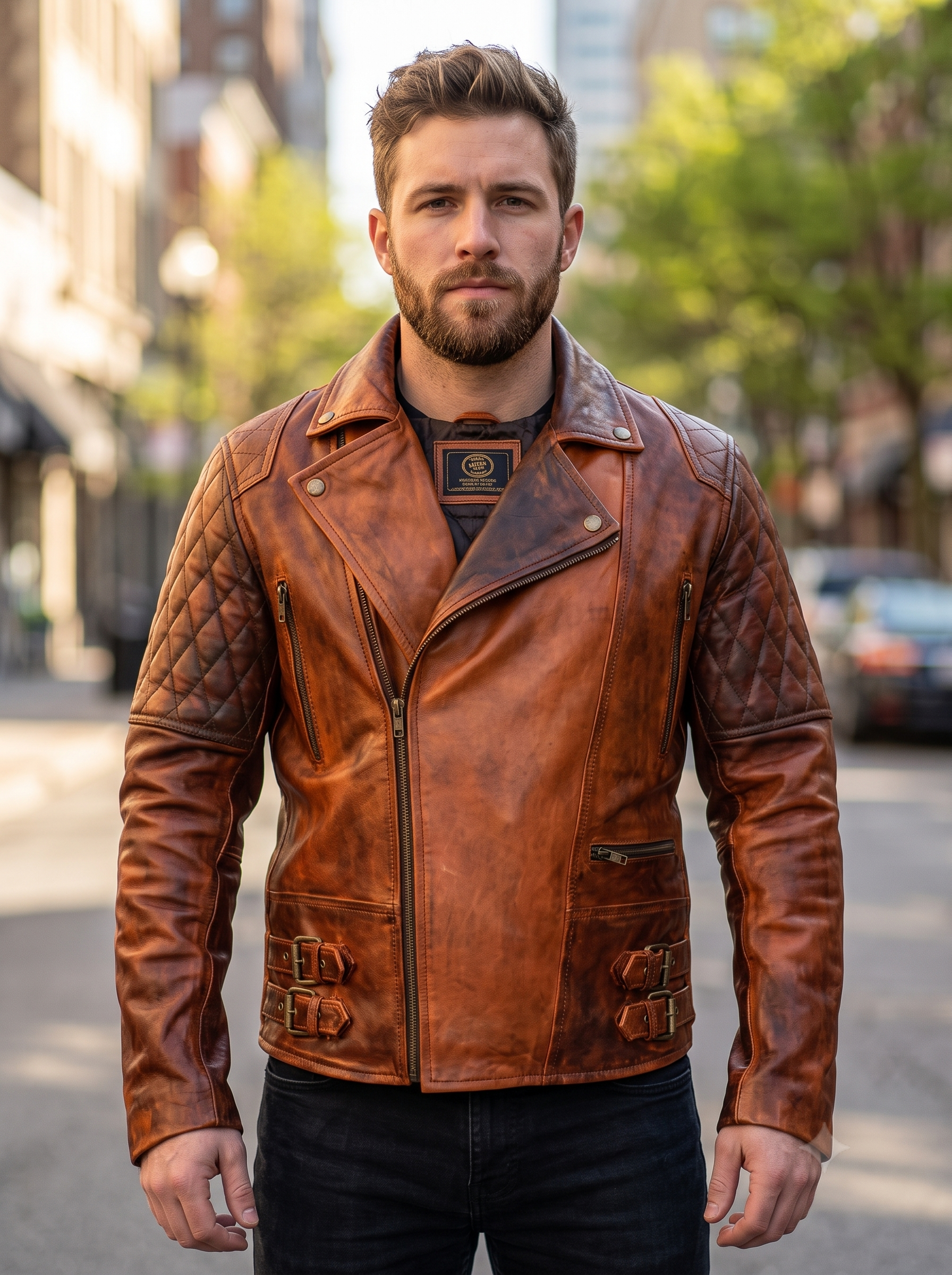 Classic Diamond Brown Leather Jacket For Men
