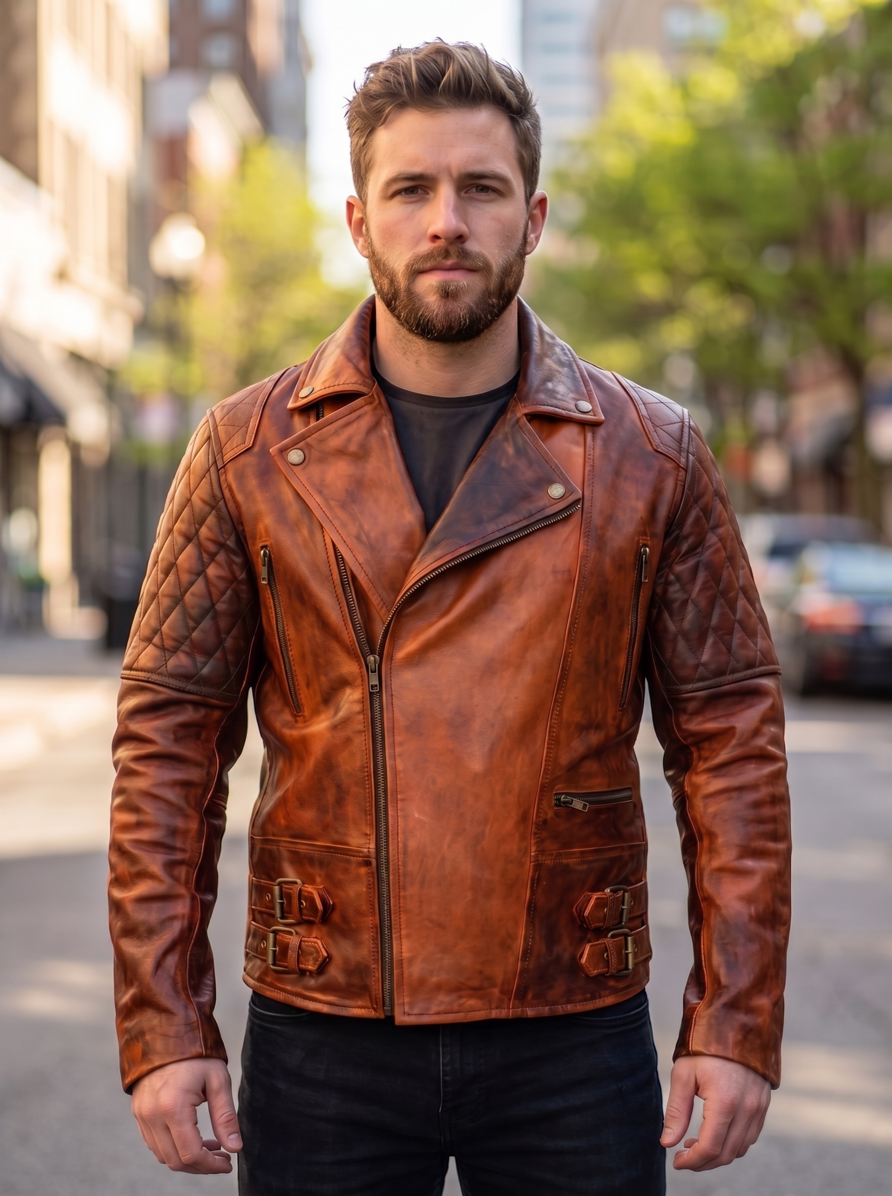 Classic Diamond Brown Leather Jacket For Men