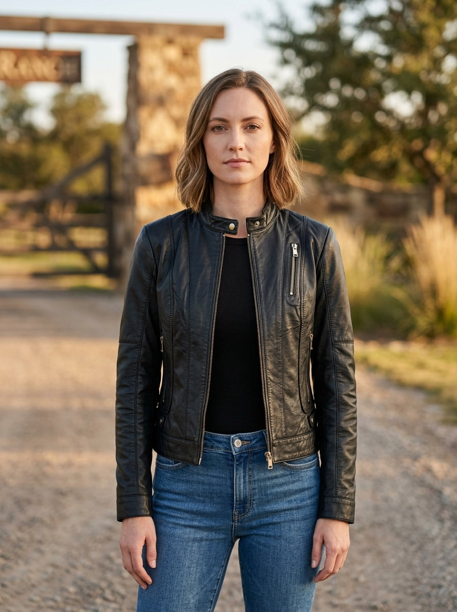 Olivia Black Bike Rider Leather Jacket For Women