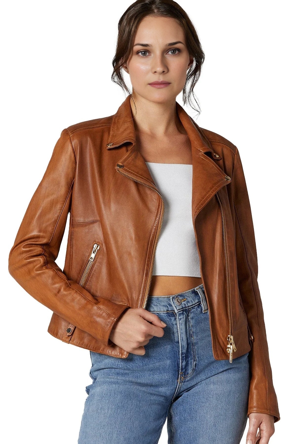 Roxanne Brown Stylish Collar Leather Jacket For Women