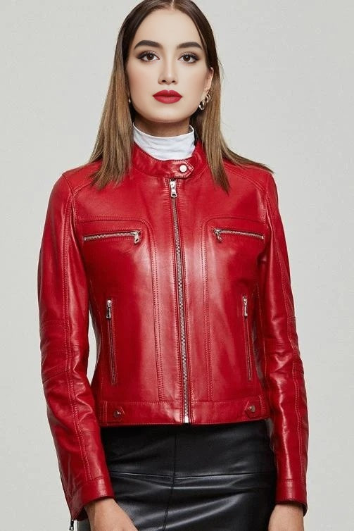 Ruby Red Biker Racer Stylish Women Leather Jacket