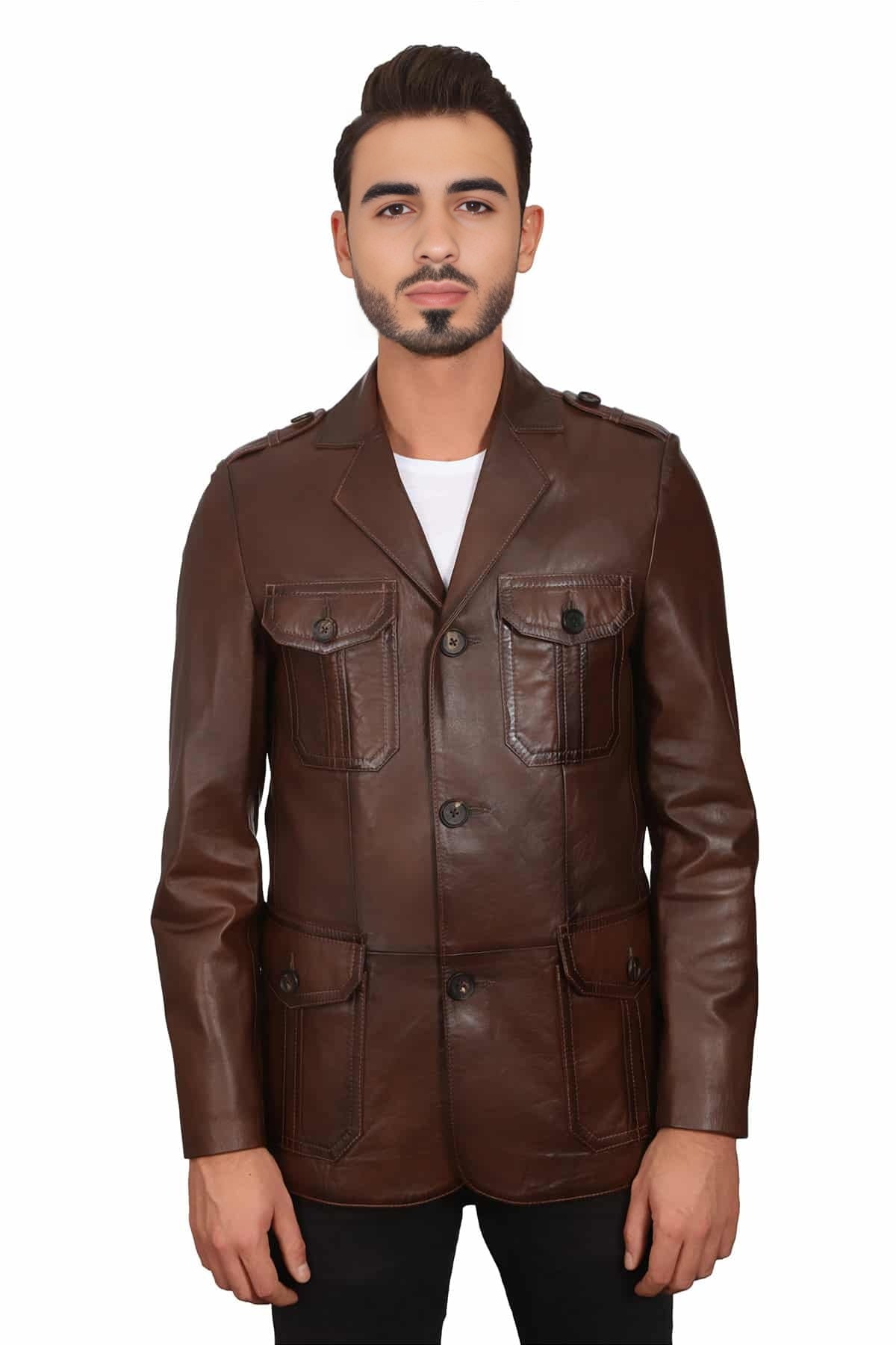 Thomas Real Brown Leather Safari Coat For Men