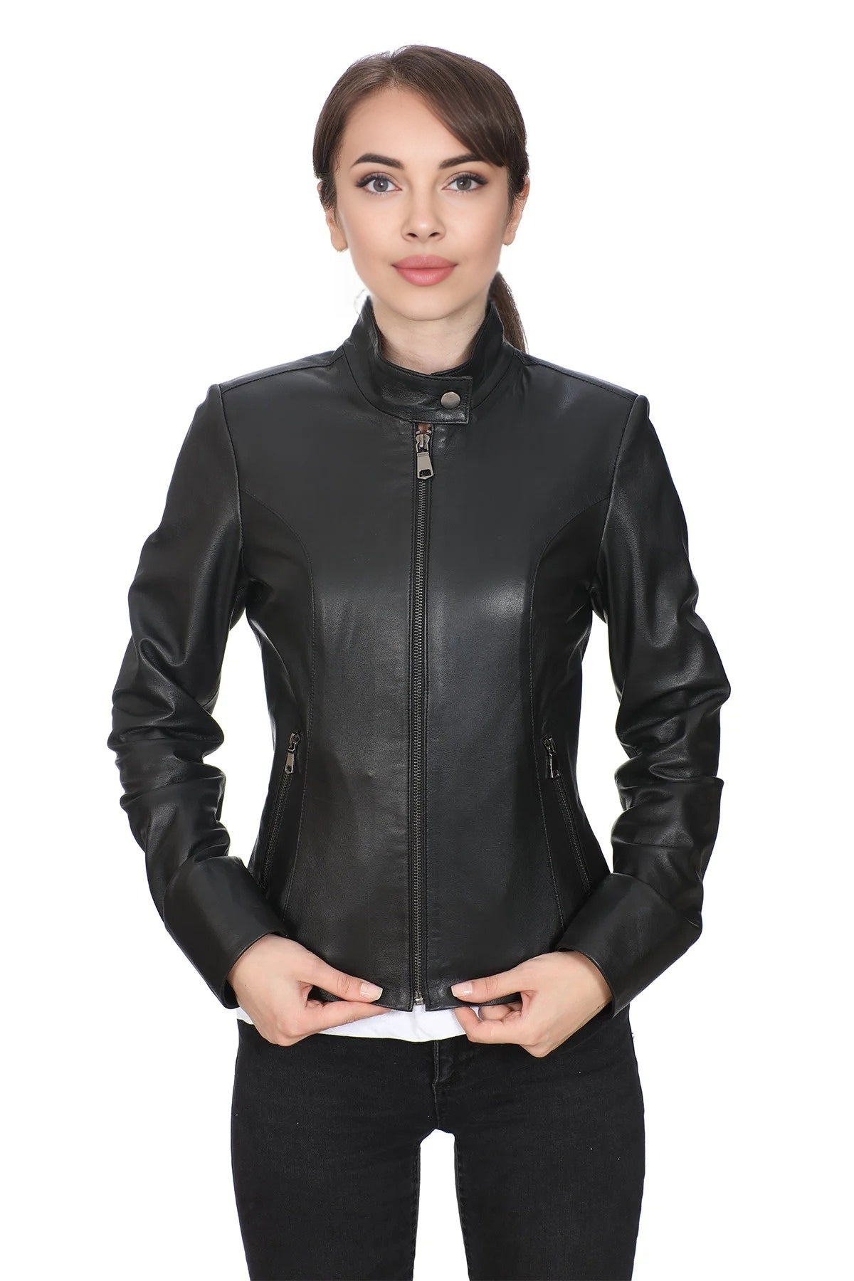Navaeh Black Motor Biker Leather Jacket For Women